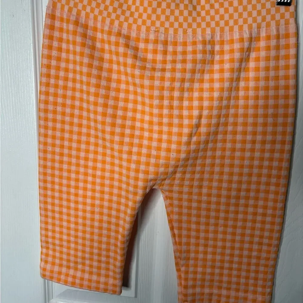 Zara Orange Checkered Mid Rise Biker Shorts XS